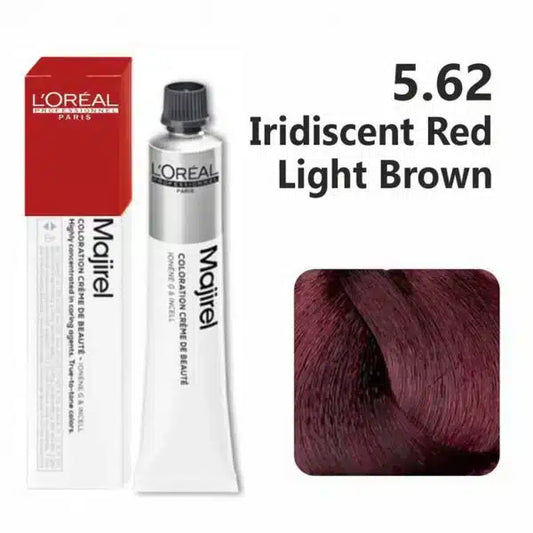 L'Oreal Majirel hair color with packaging and color swatch on a white background