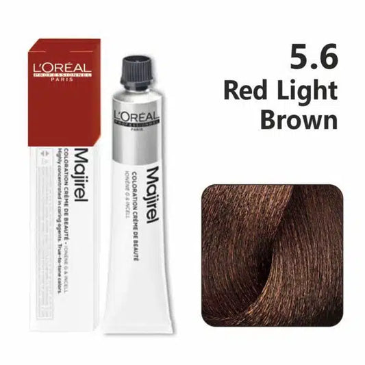L'Oreal Majirel hair color tube with packaging and color swatch on a white background