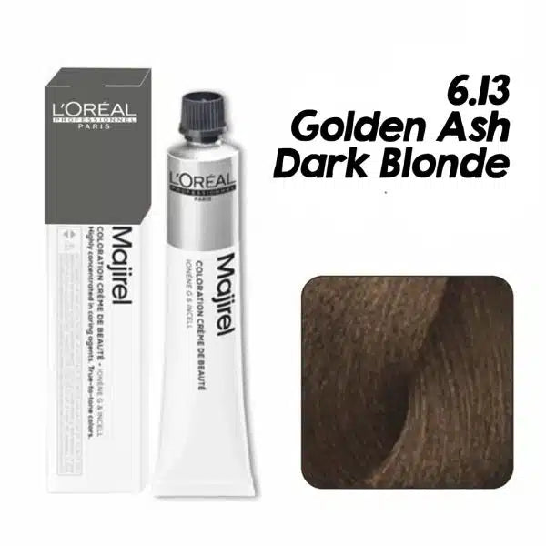L'Oreal Majirel hair color tube with packaging and color swatch on a white background