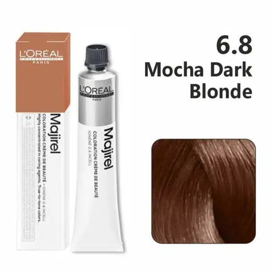 L'Oreal Majirel hair color tube with packaging and color swatch on a white background