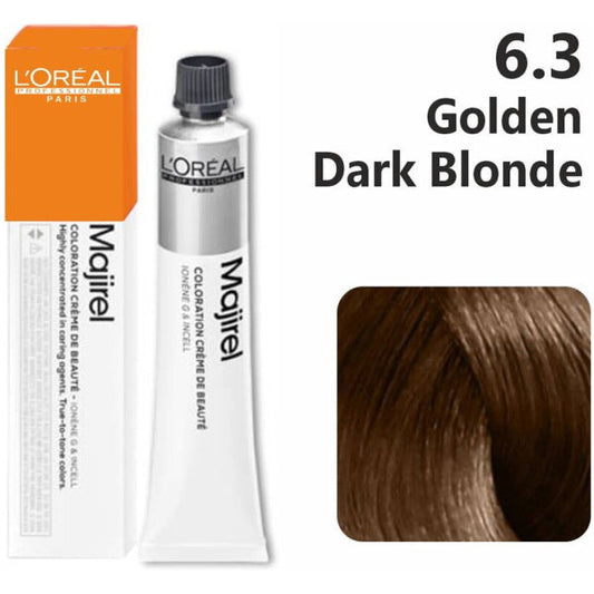 L'Oreal Majirel hair color tube with packaging and a sample of golden dark blonde hair.