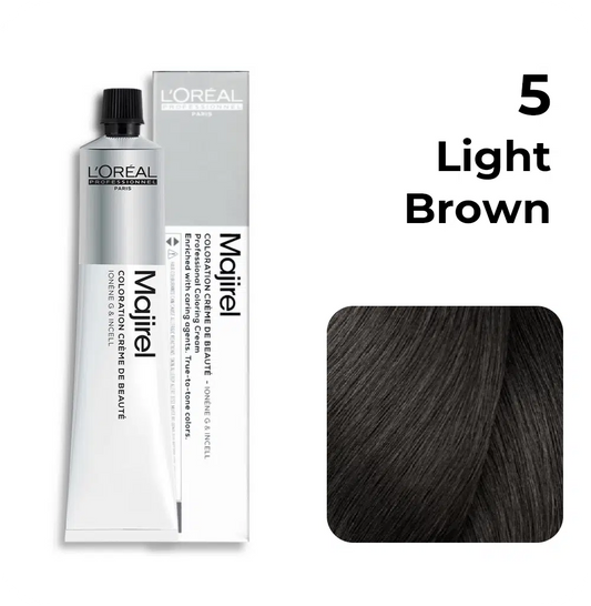 L'Oreal Majirel hair color tube with packaging and a sample of light brown hair on a white background.