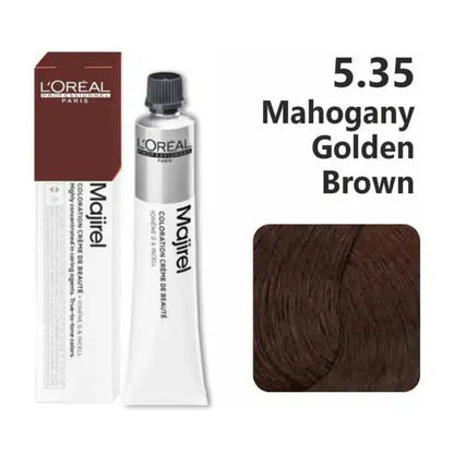 L'Oreal Majirel hair color tube and packaging with color swatch labeled 5.35 Mahogany Golden Brown on a white background.