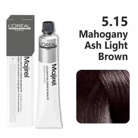 L'Oreal Majirel hair color with packaging and color swatch on a white background