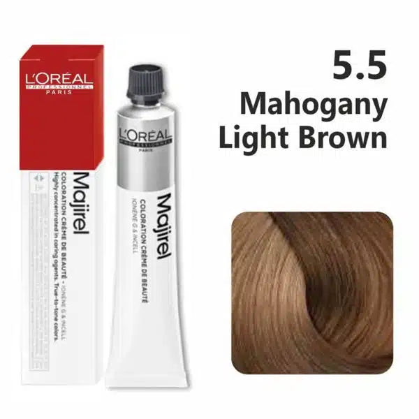 L'Oreal Majirel hair color with packaging and color swatch on a white background