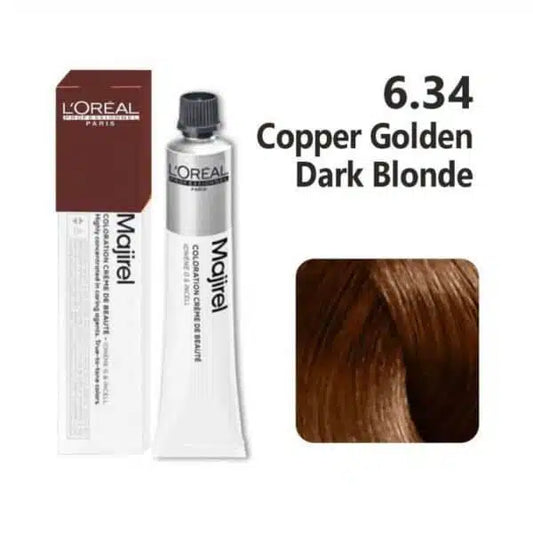 L'Oreal Majirel hair color tube and packaging with color code 6.34 Copper Golden Dark Blonde on a white background.