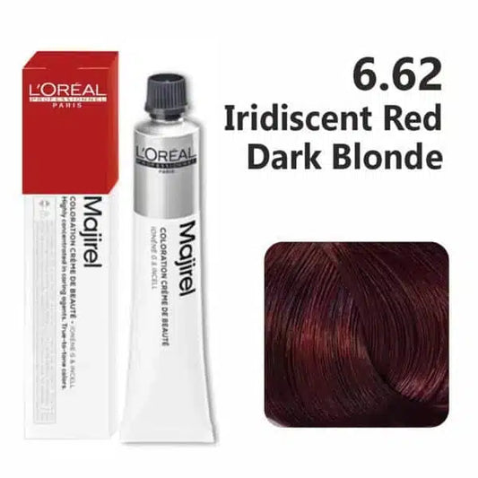 L'Oreal Majirel hair color with packaging and color swatch on a white background