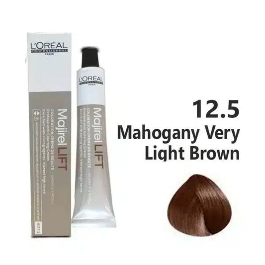 L'Oreal Majirel Lift hair color tube and packaging with color swatch on a white background