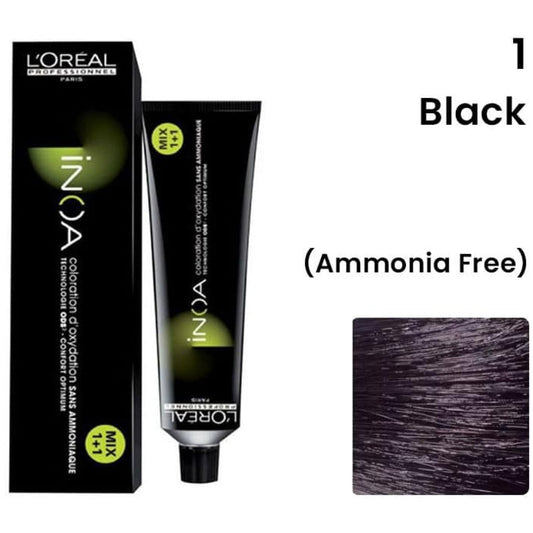 L'Oreal inoa hair color with packaging and black hair sample on a white background