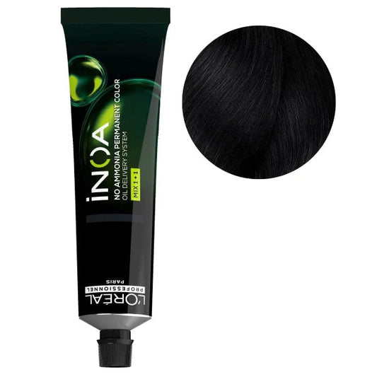 L'Oreal Inoa hair color tube with darkest brown hair swatch on a white background