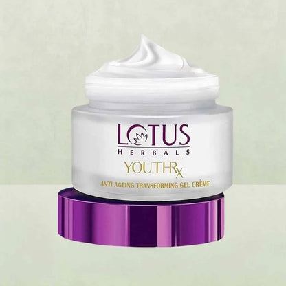 Jar of Lotus Herbals YouthRx anti-aging gel crème on a light green background