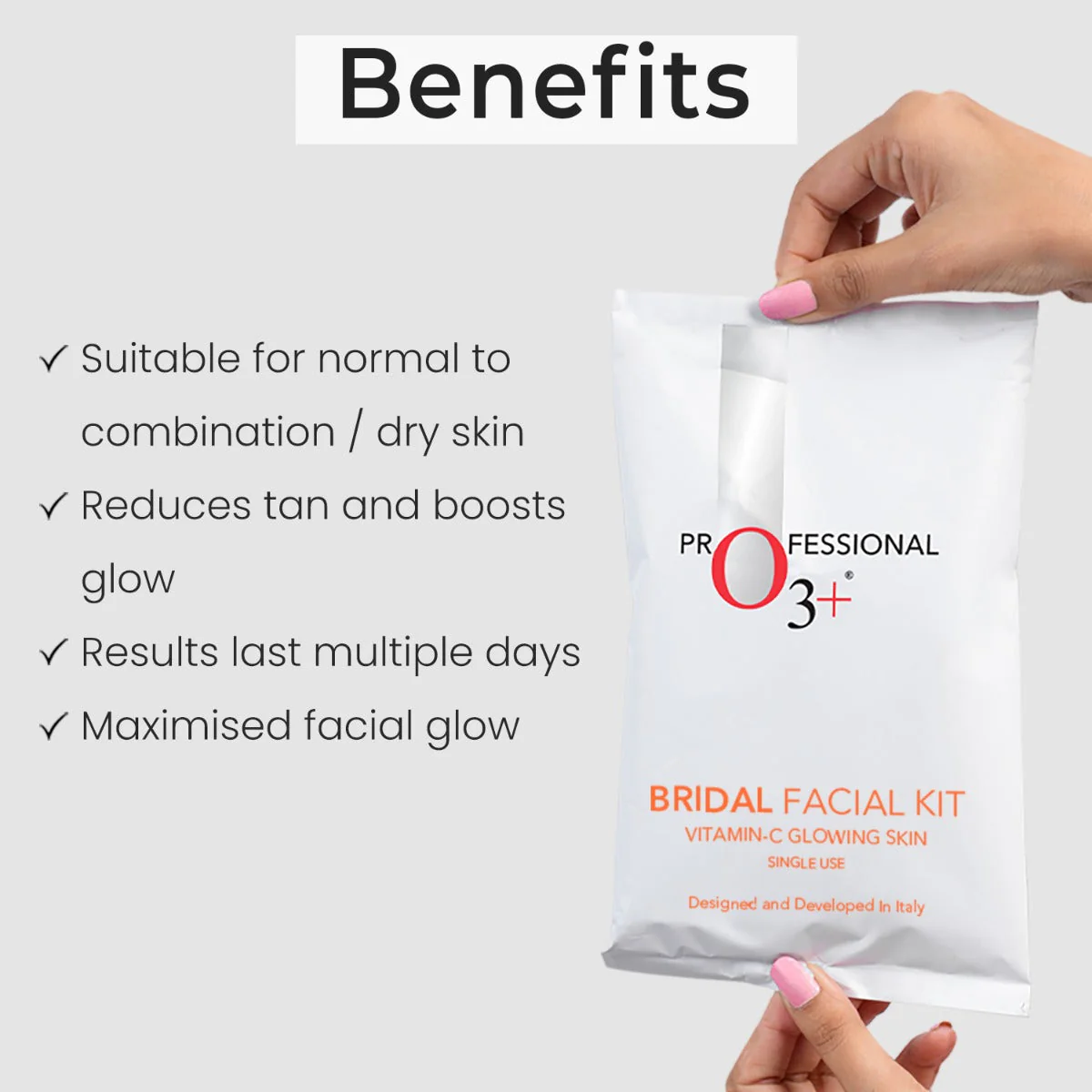 O3+ Bridal Facial Kit Vitamin C - Product packaging showing all benefits of the facial kit
