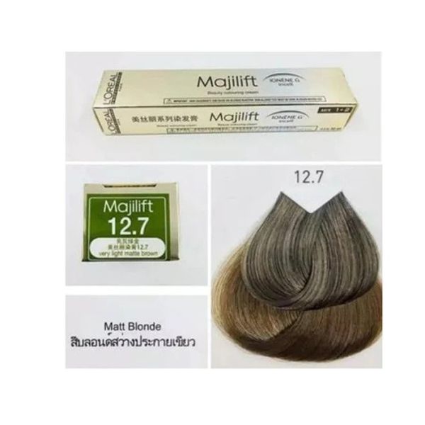 Majilift hair color packaging with a sample of brown hair color on a white background