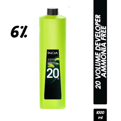 A bottle of LOREAL PROFESSIONAL INOA Developer Oxydant 20 Vol, in a bright green container, labeled 6%, 1000 ml.