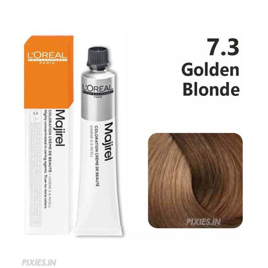 L'Oreal Majirel hair color with packaging and color swatch on a white background