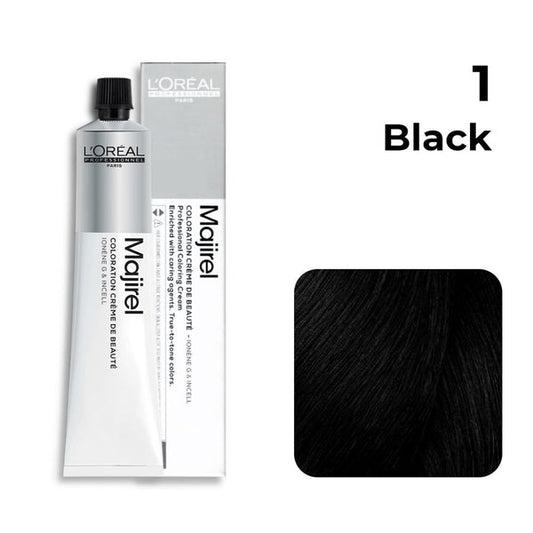 L'Oreal Majirel hair color tube with black swatch on a white background