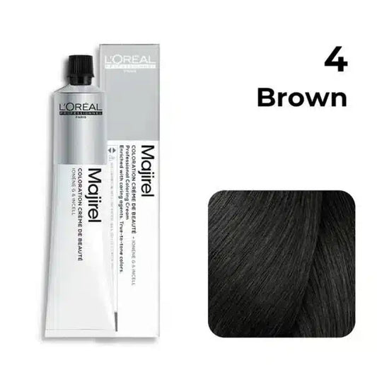 L'Oreal Majirel hair color tube with packaging and color swatch on a white background