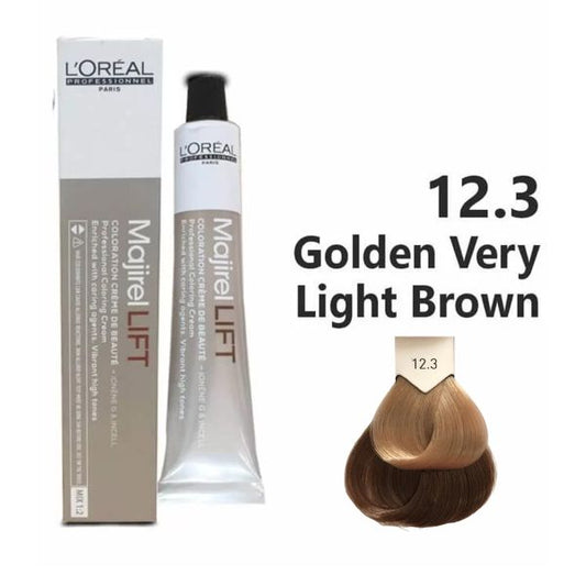 L'Oreal Majirel Lift hair color with packaging and color swatch on a white background