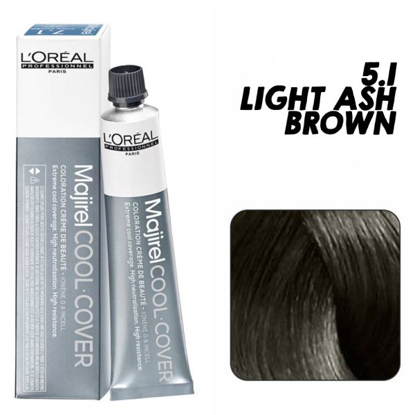 L'Oreal Majirel Cool Cover hair color with packaging and color swatch on a white background