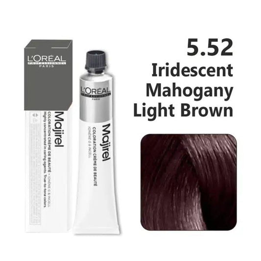L'Oreal Majirel hair color tube with packaging and color swatch on a white background