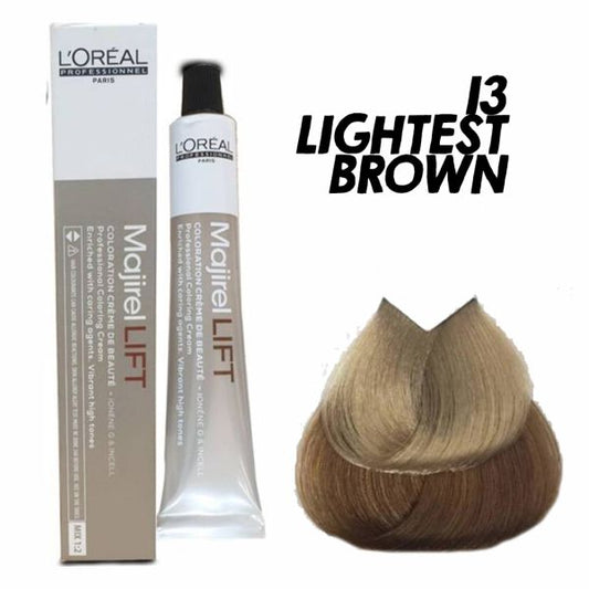 L'Oreal Majirel Lift hair color tube with packaging and a color swatch labeled '13 Lightest Brown'.