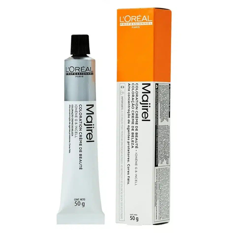 L'Oreal Majirel hair color tube and packaging on a white background