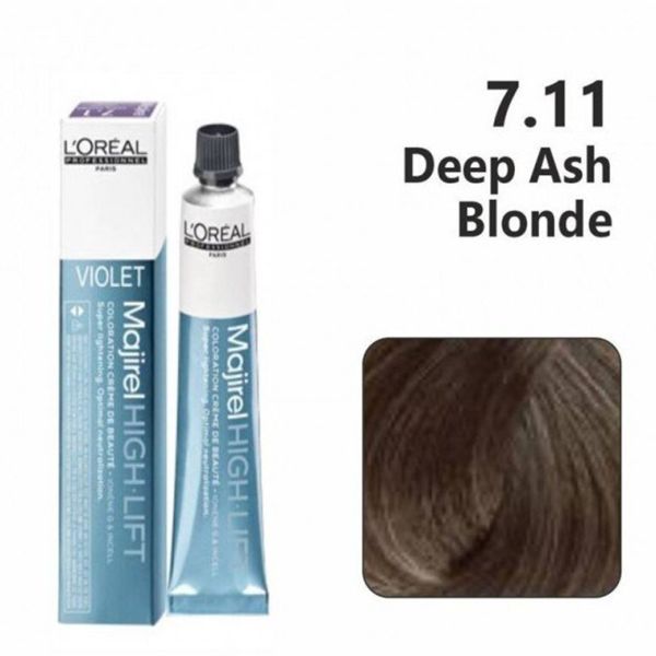 L'Oreal Majirel hair color tube with packaging and a sample of deep ash blonde hair.