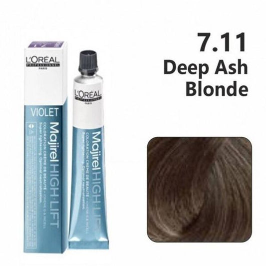 L'Oreal Majirel hair color tube with packaging and a sample of deep ash blonde hair.