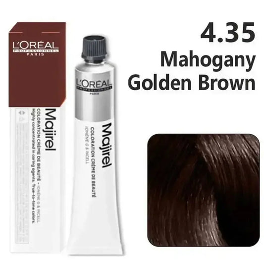 L'Oreal Majirel hair color with packaging and color swatch on a white background